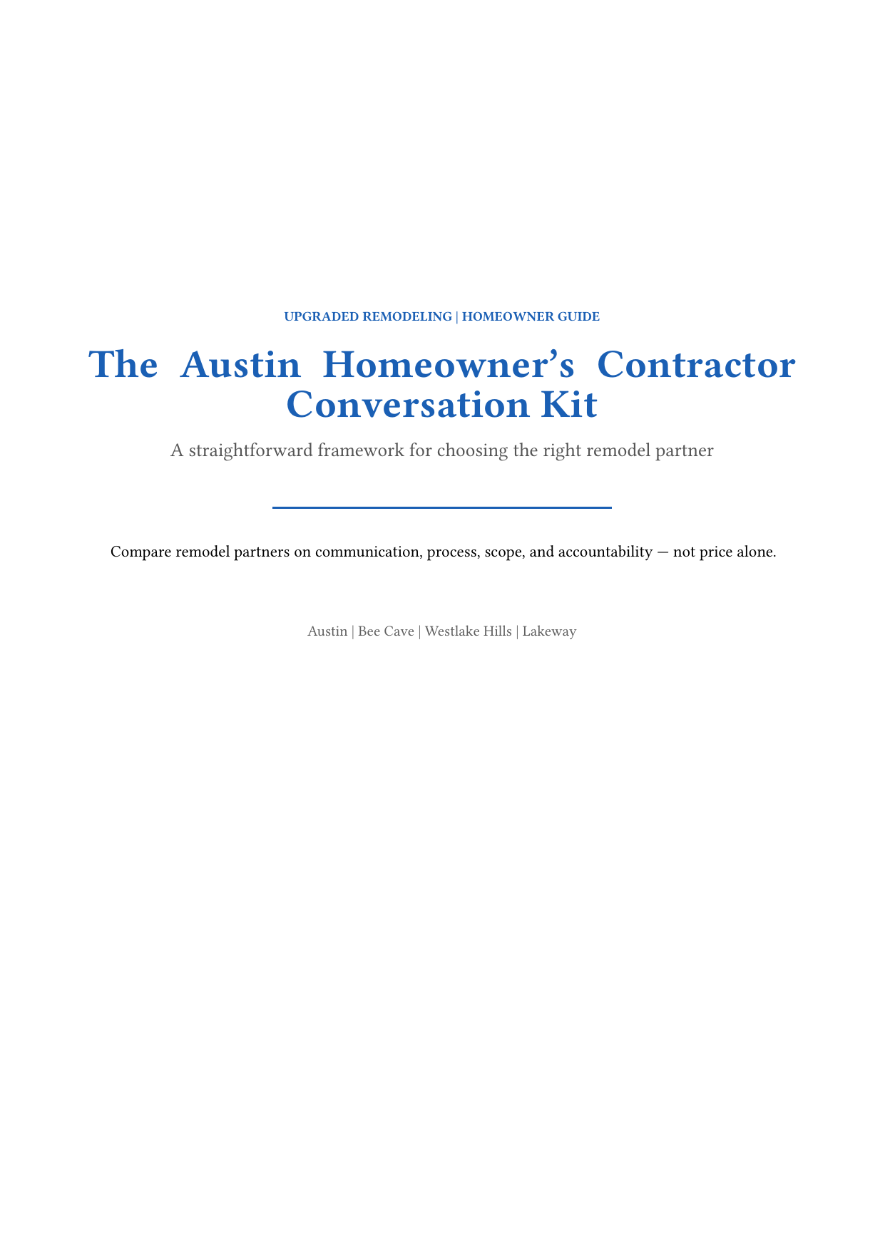 Cover of The Austin Homeowner’s Contractor Conversation Kit by Upgraded Remodeling