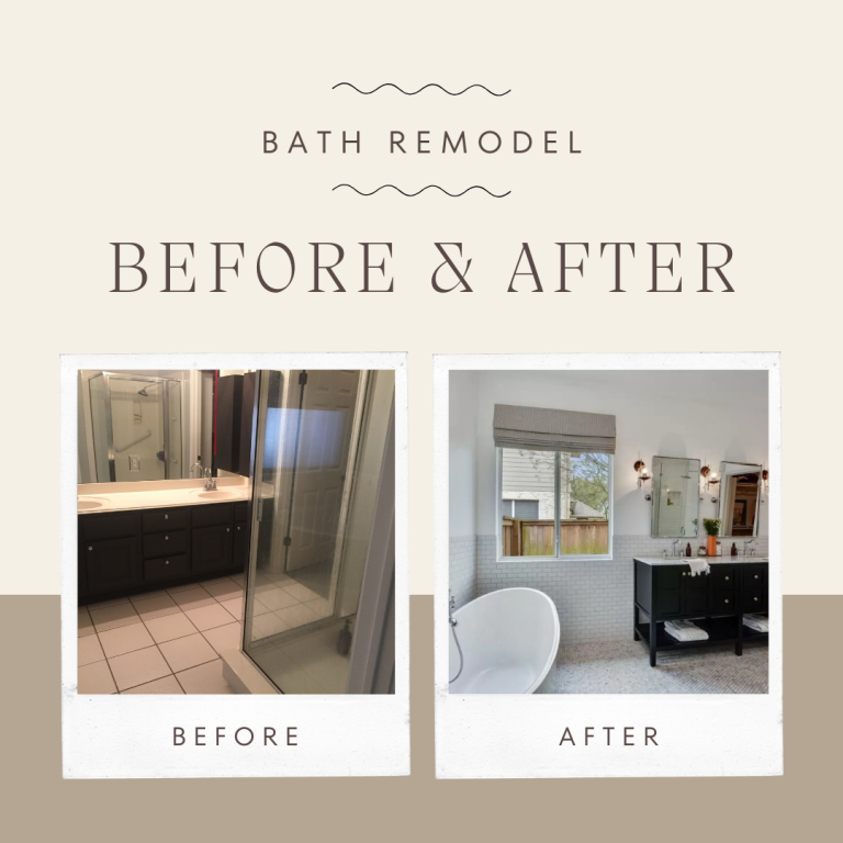 Upgraded Remodeling bathroom transformation with black double vanity and freestanding tub — before and after