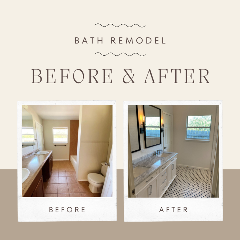 Upgraded Remodeling bathroom transformation with marble vanity and patterned tile floor — before and after