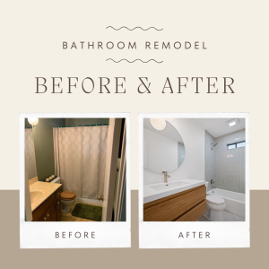 Upgraded Remodeling bathroom transformation with walnut vanity and walk-in tub shower — before and after
