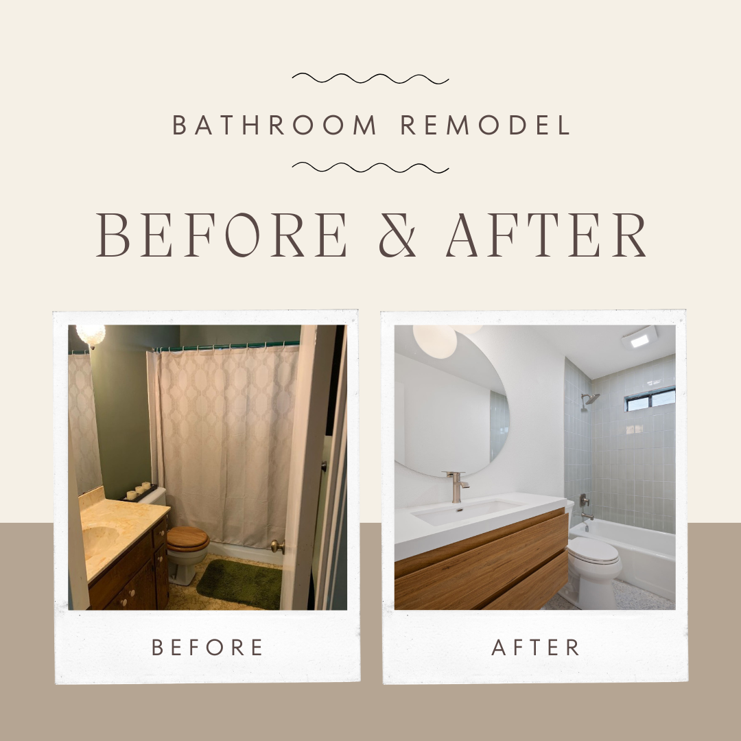 Upgraded Remodeling bathroom with walnut vanity and tub shower — before and after