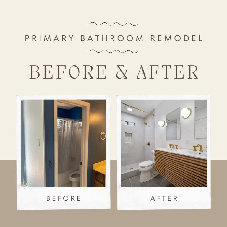 Upgraded Remodeling primary bathroom transformation with slatted wood vanity and brass fixtures — before and after